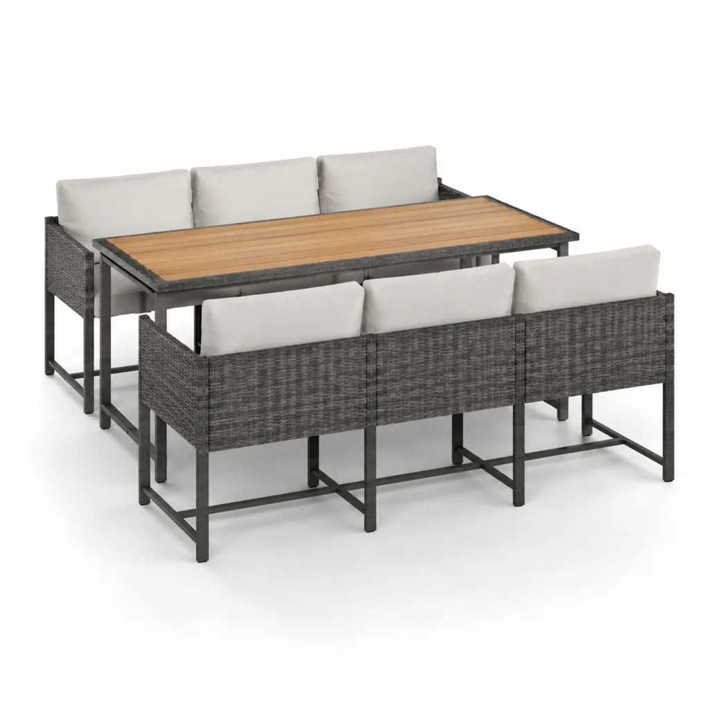 Salon de jardin 7 pieces avec table 150 x 90 x 74 cm et 6 fauteuils en resine tressee grise acier et bois d'acacia