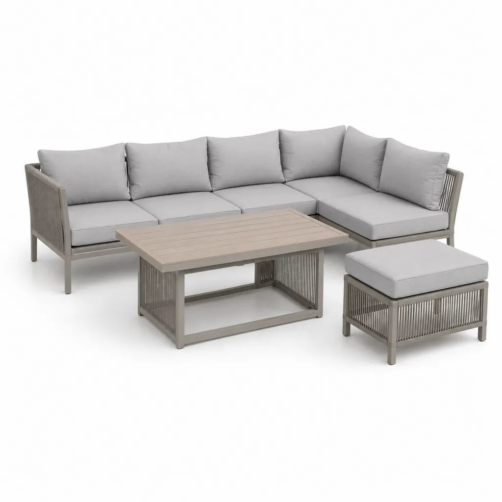 Salon de jardin d'angle 4 pieces en aluminium gris avec table basse et pouf 238 x 178 cm