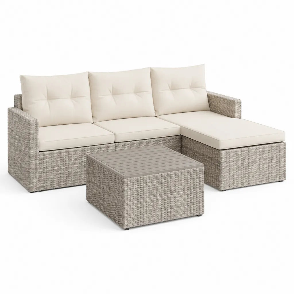Salon de jardin d'angle 3 pieces en resine tressee PE gris et coussins creme 192 x 68 x 64 cm