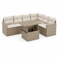 Salon de jardin d'angle 4 pieces en resine tressee PE beige avec table relevable 220 x 220 x 65 cm