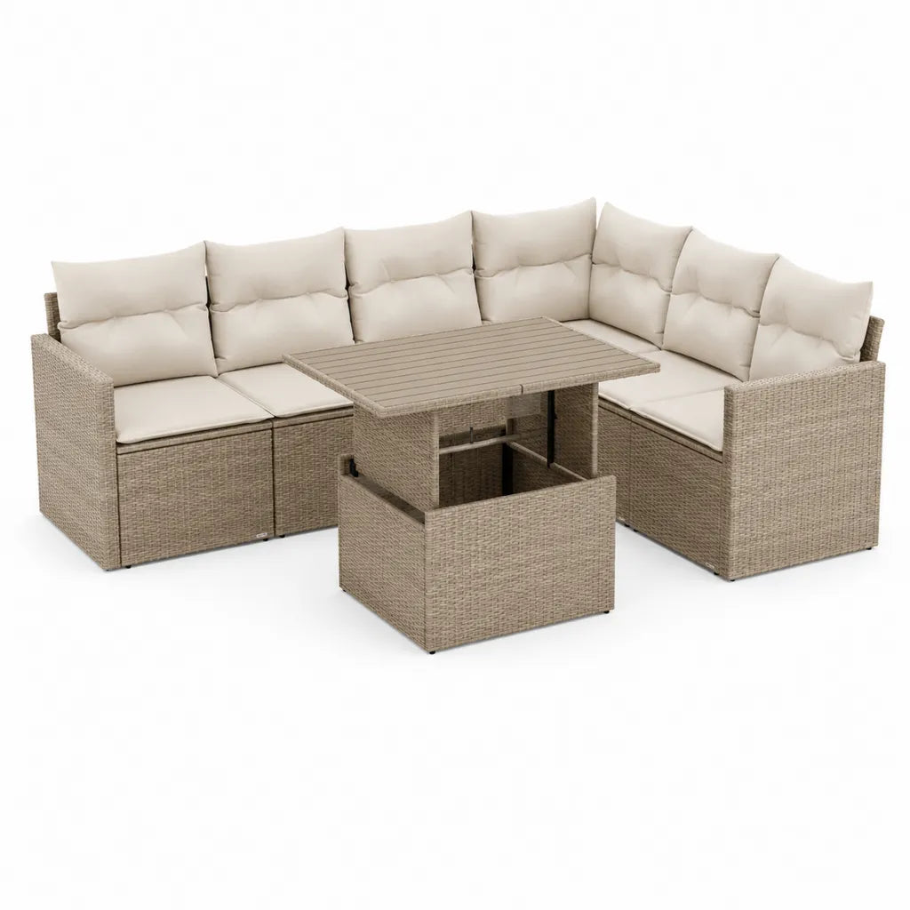 Salon de jardin d'angle 4 pieces en resine tressee PE beige avec table relevable 220 x 220 x 65 cm