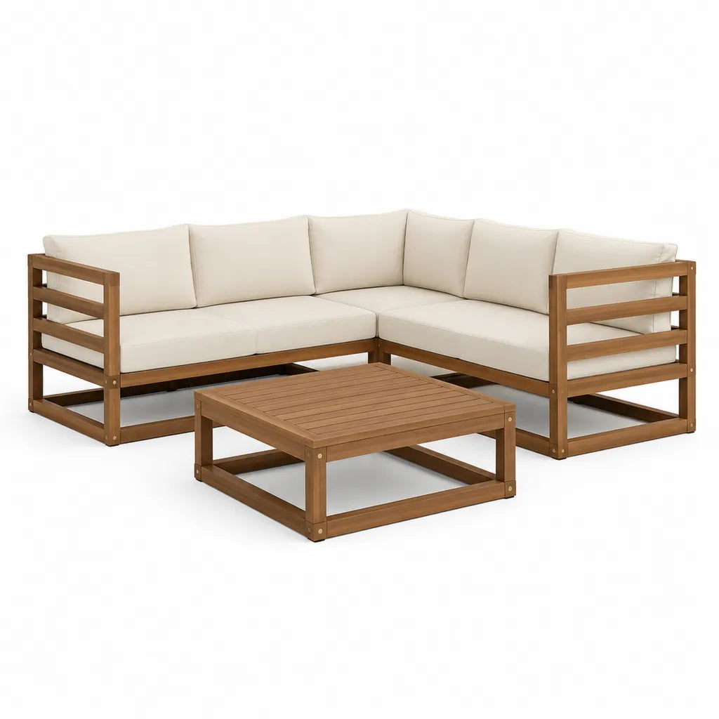 Salon de jardin d'angle 4 places avec table basse en acacia massif marron et coussins creme 193 x 128 x 60 cm