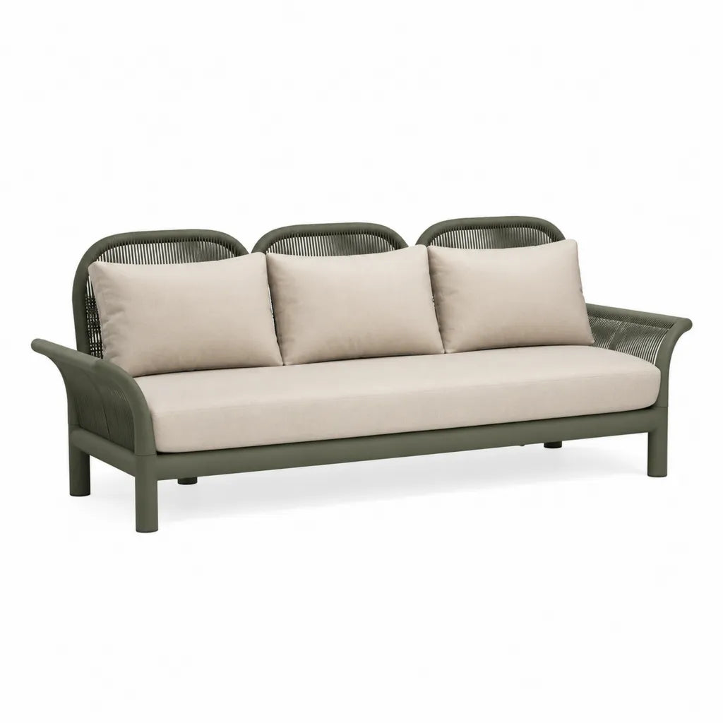 Canape de jardin 3 places en aluminium et corde tressee vert olive avec coussins beige 210 x 80 x 78 cm