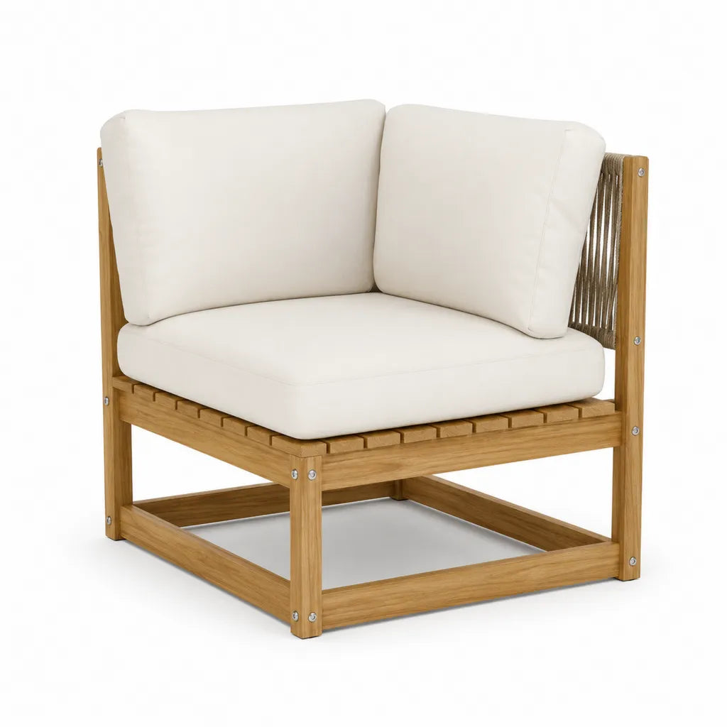 Fauteuil d'angle de jardin 1 place en acacia massif avec coussins en polyester blanc creme 80 x 80 x 75 cm