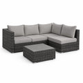 Salon de jardin d'angle 3 pieces en resine tressee gris anthracite avec coussins gris 195 x 130 x 60 cm et table basse 70 x 70 x 30 cm