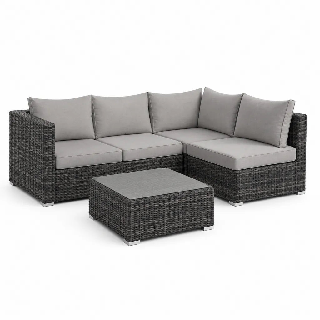Salon de jardin d'angle 3 pieces en resine tressee gris anthracite avec coussins gris 195 x 130 x 60 cm et table basse 70 x 70 x 30 cm
