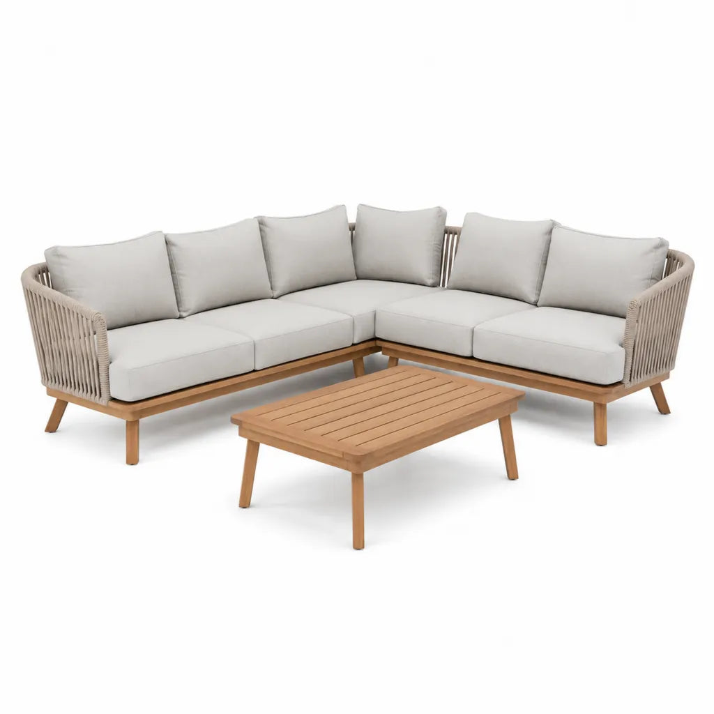 Salon de jardin d'angle 5 places avec table basse 250 x 250 cm en acacia massif et corde en polypropylene beige