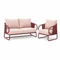Salon de jardin 2 pieces canape 2 places et fauteuil en acier thermolaque bordeaux avec coussins polyester rose poudre 150 x 75 x 75 cm