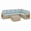 Salon de jardin d'angle 6 places avec table basse 276 x 206 cm en resine tressee PE beige et coussins polyester bleu clair