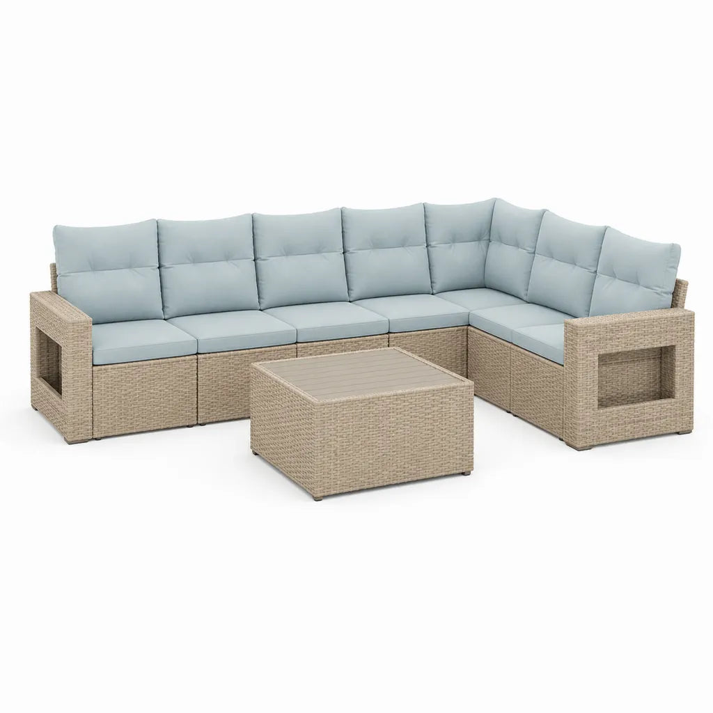 Salon de jardin d'angle 6 places avec table basse 276 x 206 cm en resine tressee PE beige et coussins polyester bleu clair