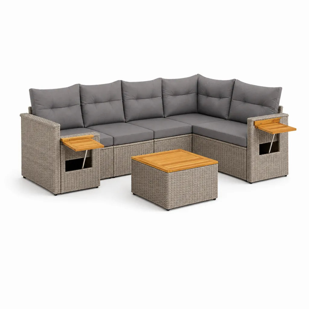 Salon de jardin d'angle 5 places en resine tressee gris avec table basse 275 x 210 x 85 cm