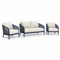 Salon de jardin 3 pieces avec canape 2 places et 2 fauteuils en acier bleu marine et corde polyester avec coussins beige 128 x 73 x 76 cm