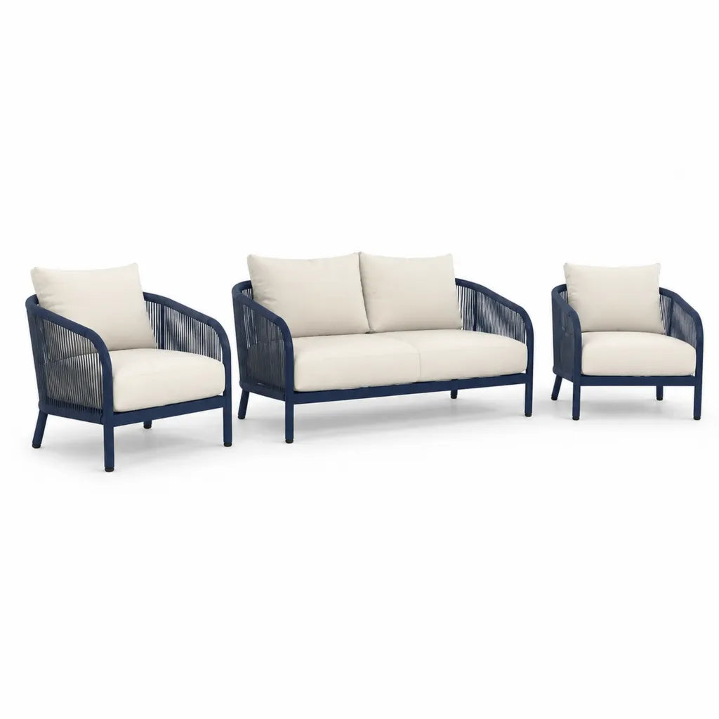 Salon de jardin 3 pieces avec canape 2 places et 2 fauteuils en acier bleu marine et corde polyester avec coussins beige 128 x 73 x 76 cm