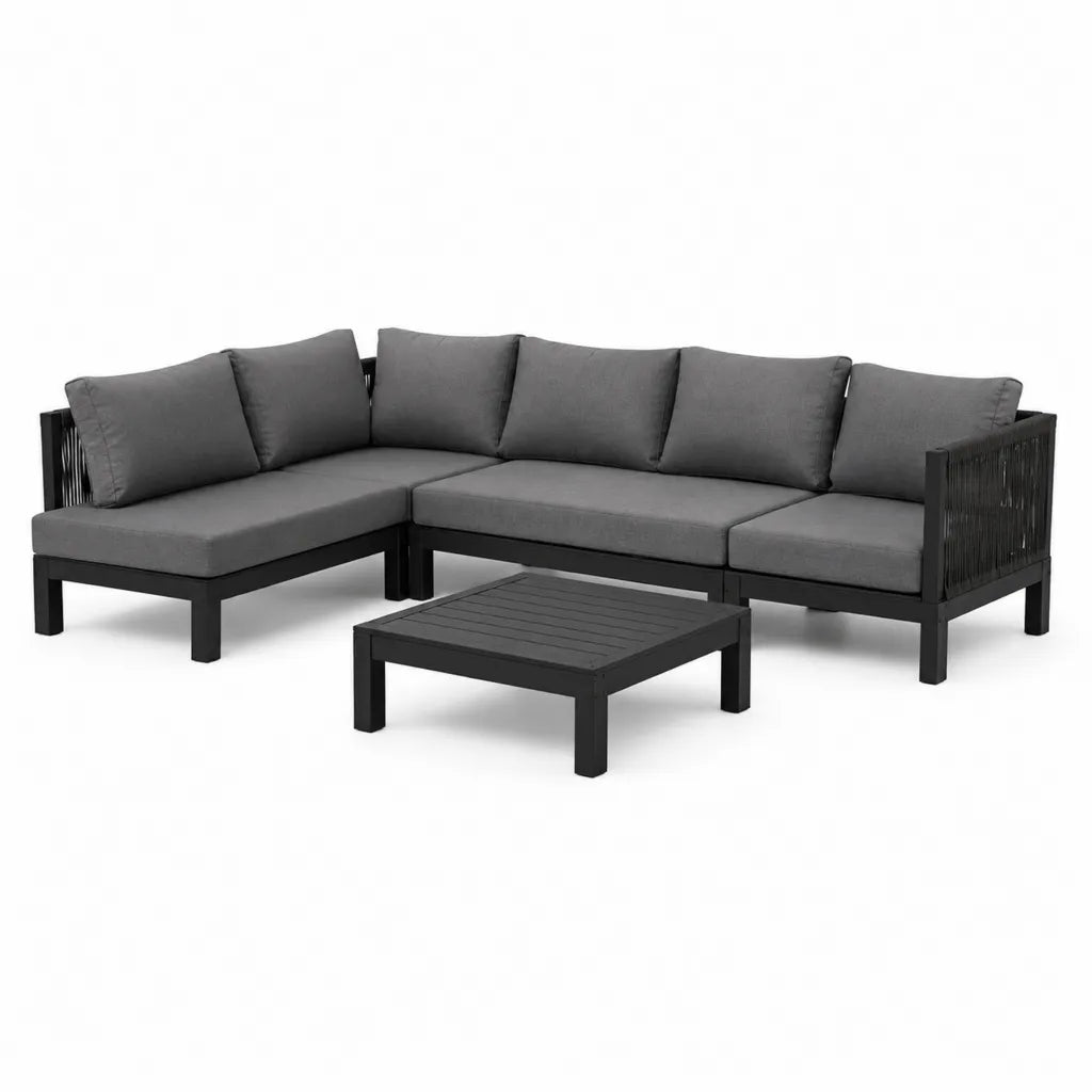 Salon de jardin d'angle avec table basse en aluminium et cordage PP en L noir gris 210 x 210 x 68 cm table 90 x 60 x 40 cm