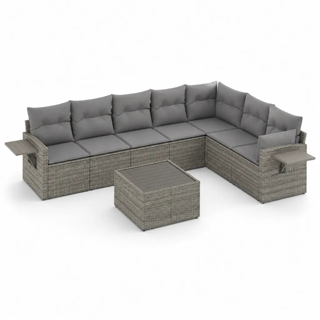 Salon de jardin d'angle 6 places avec table basse en resine tressee PE gris 280 x 210 cm