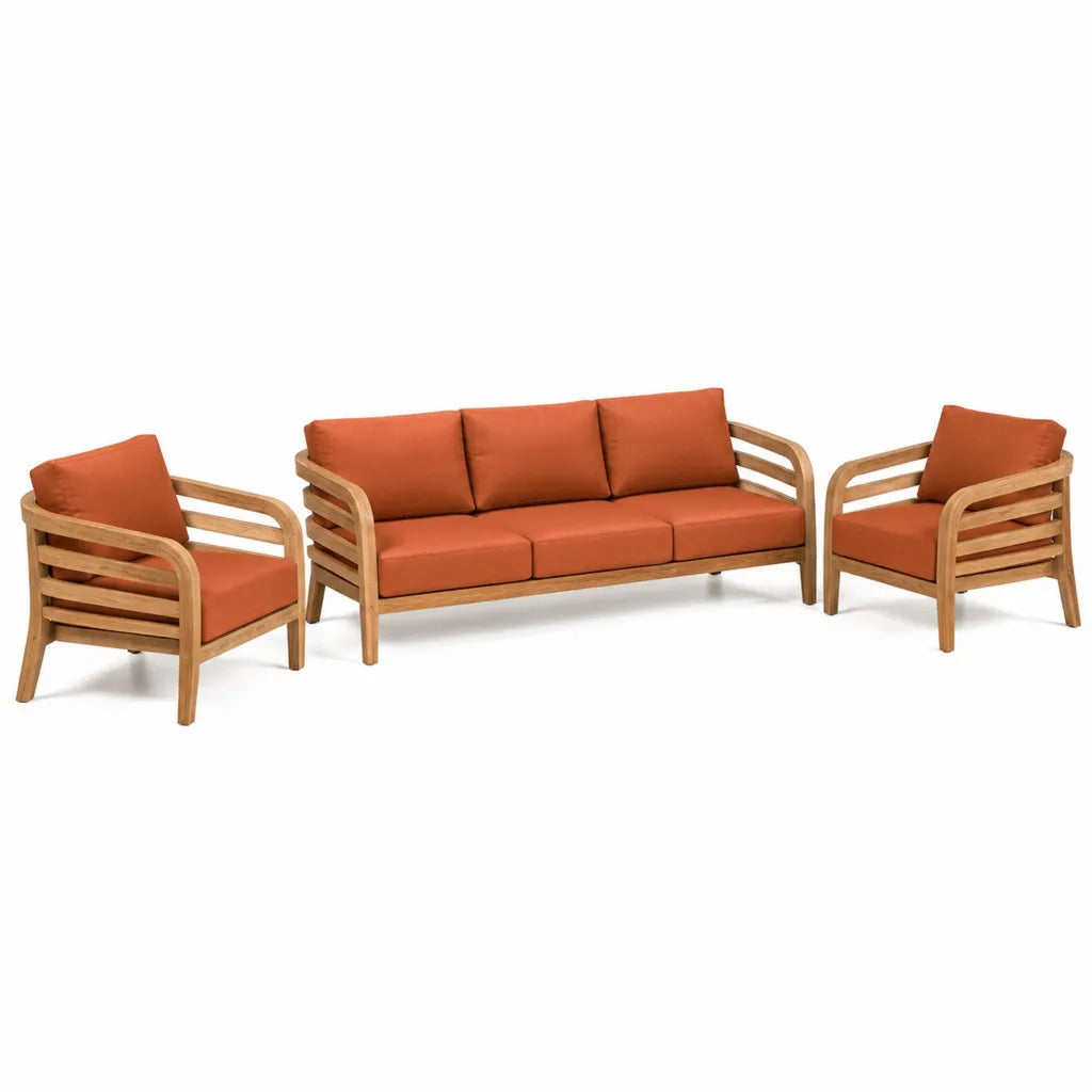 Salon de jardin 3 pieces canape 3 places et 2 fauteuils en bois massif d'acacia terracotta 200 x 75 x 75 cm