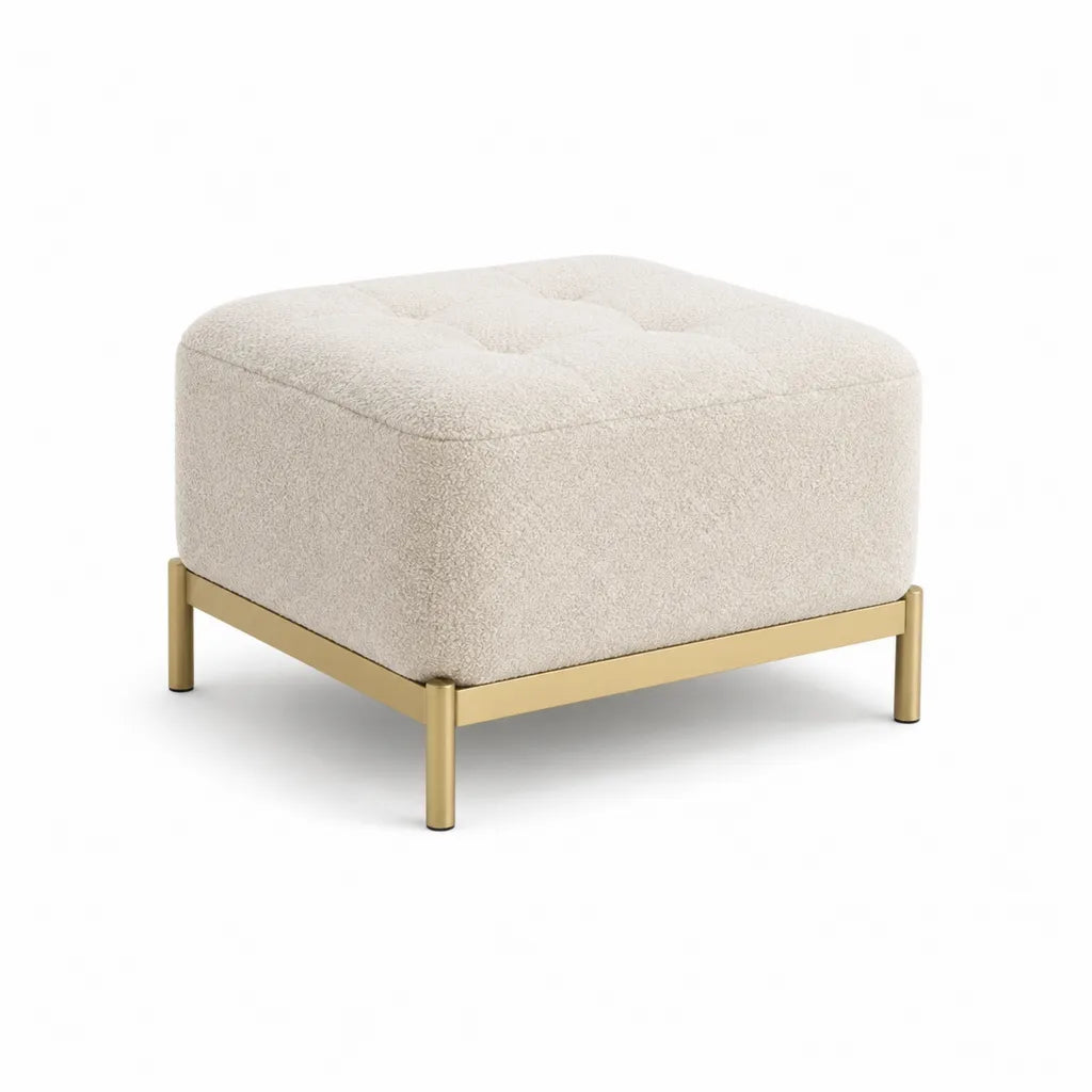 Repose-pieds carre capitonne en bouclette polyester beige avec pietement acier dore 70 x 70 x 43 cm
