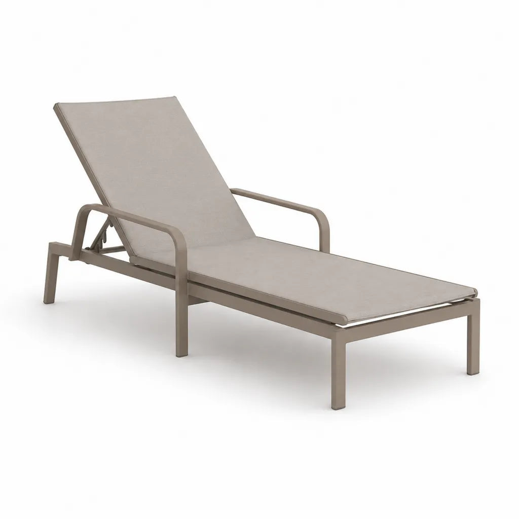 Bain de soleil inclinable avec accoudoirs en aluminium et textilene taupe 200 x 65 x 35 cm