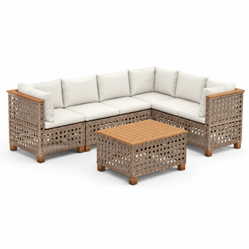 Salon de jardin d'angle 5 places en rotin PE et acacia forme L beige 220 x 220 x 76 cm