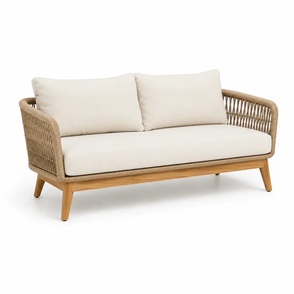 Canape de jardin 2 places en bois d'acacia et corde PE beige 145 x 75 x 75 cm