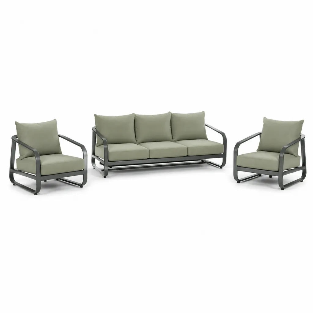 Salon de jardin 3 pieces avec canape 3 places et 2 fauteuils en acier thermolaque vert kaki 195 x 75 x 78 cm