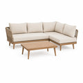 Salon de jardin d'angle 4 places avec table basse en acacia et corde tressee beige 220 x 160 cm