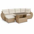 Salon de jardin d'angle 5 places avec table basse en resine tressee PE beige et coussins creme 260 x 200 cm