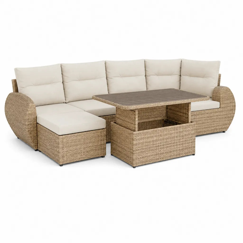Salon de jardin d'angle 5 places avec table basse en resine tressee PE beige et coussins creme 260 x 200 cm