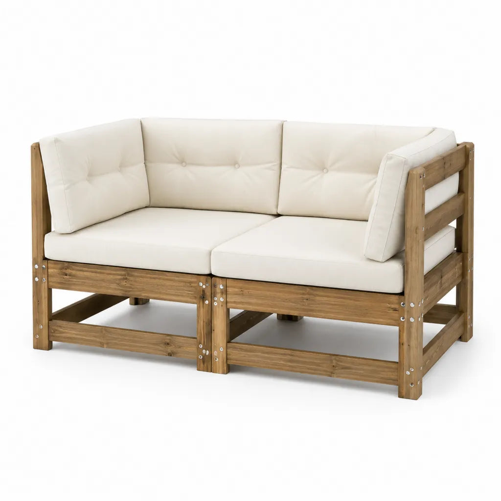 Canape de jardin 2 places en bois massif d'acacia rectangulaire naturel et blanc 140 x 70 x 70 cm