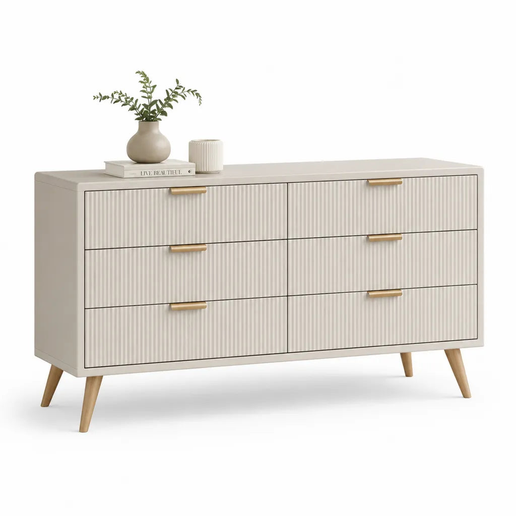 Commode basse 6 tiroirs rectangulaire en MDF melamine blanc casse 120 x 40 x 75 cm