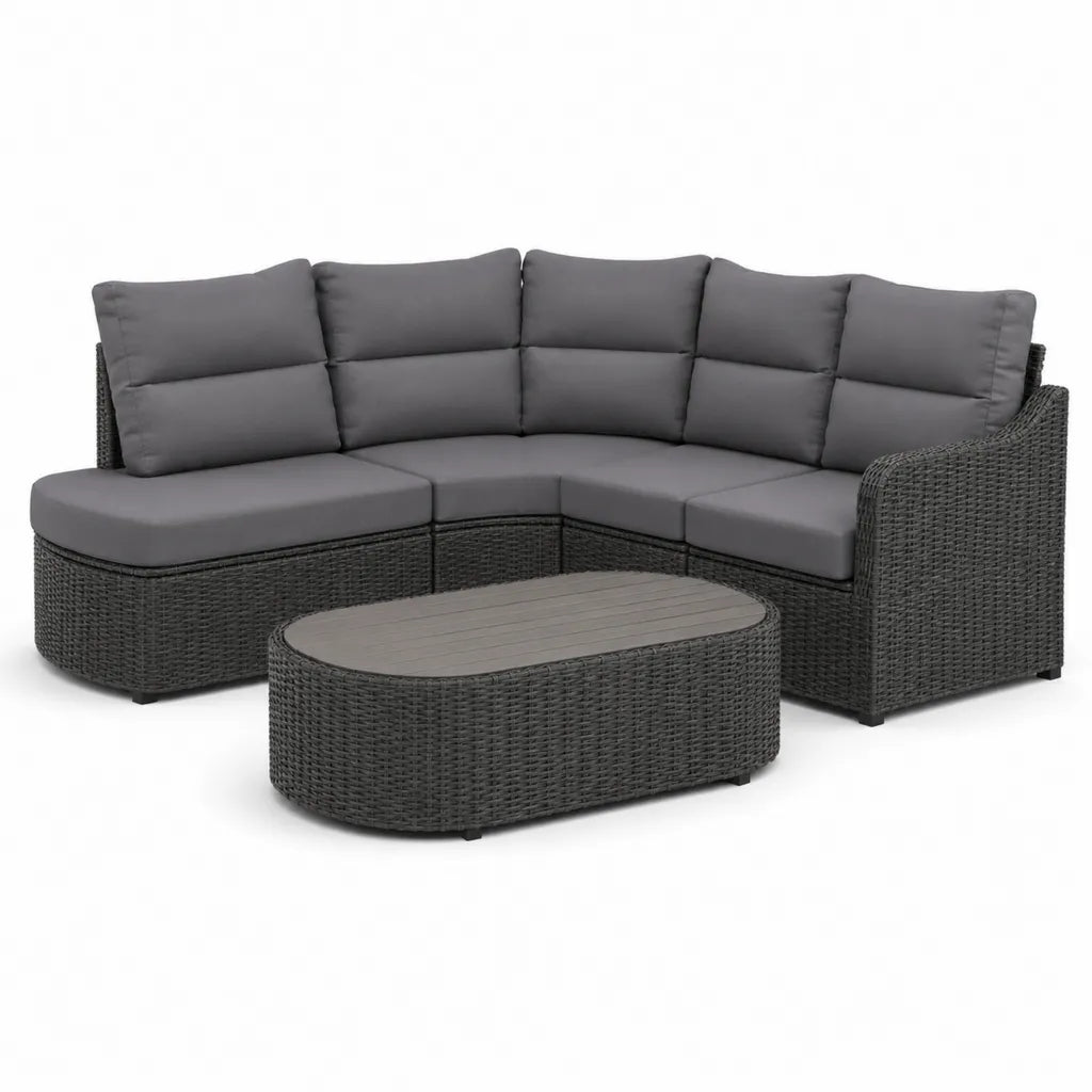 Salon de jardin d'angle 4 places avec table basse ovale 210 x 210 cm en resine tressee PE anthracite avec coussins gris