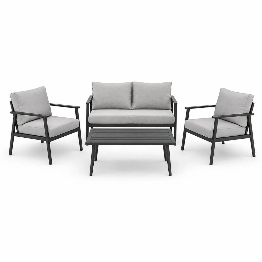 Salon de jardin 4 pieces en acier thermolaque noir avec coussins gris canape 2 places 120 × 70 × 78 cm