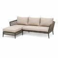 Canape de jardin d'angle 3 places avec meridienne 210 x 145 x 75 cm en acier thermolaque et corde tressee beige et gris anthracite