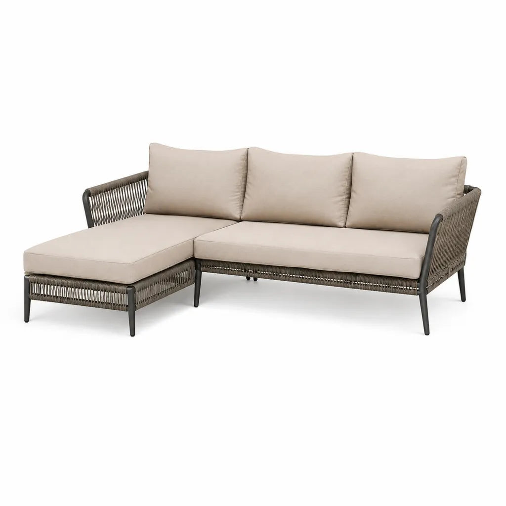 Canape de jardin d'angle 3 places avec meridienne 210 x 145 x 75 cm en acier thermolaque et corde tressee beige et gris anthracite