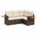 Salon de jardin d'angle 3 places en resine tressee PE marron avec coussins creme 206 x 206 x 85 cm